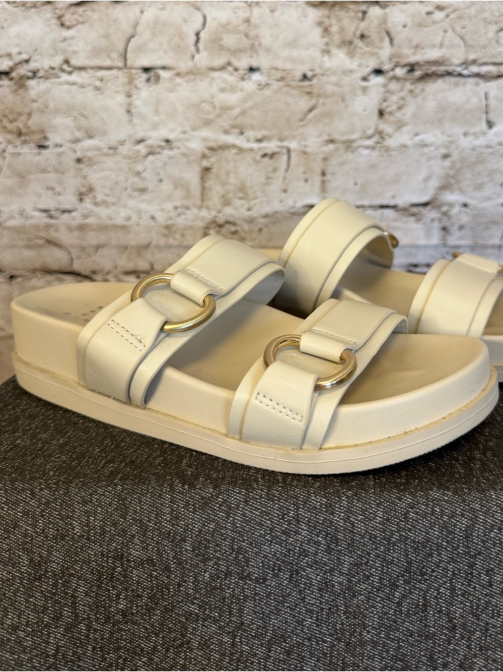 A New Day Cream Double-Strap Slide Sandals with Chunky Gold Hardware